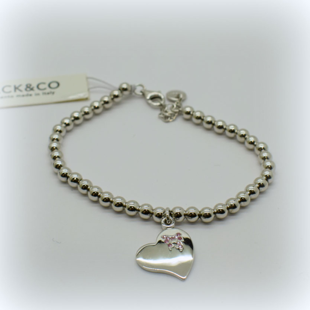 BRACCIALE IN ARGENTO 925 CUORE FIOCCO ROSA NASCITA