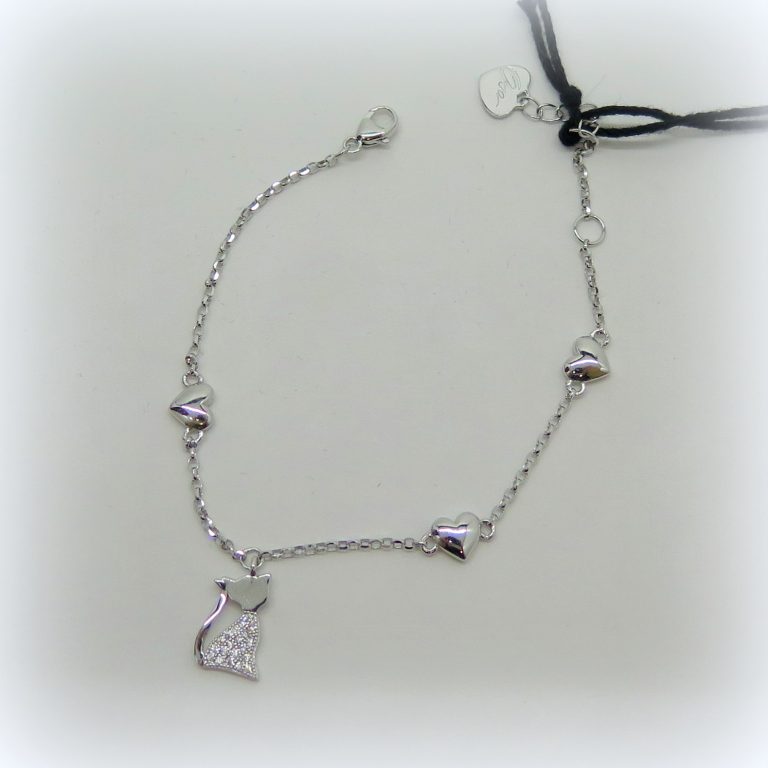 Bracciale argento 925 gatto e cuori