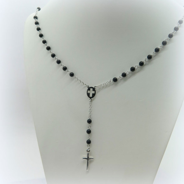 Collana rosario in argento 925 croce sfere onice satinato