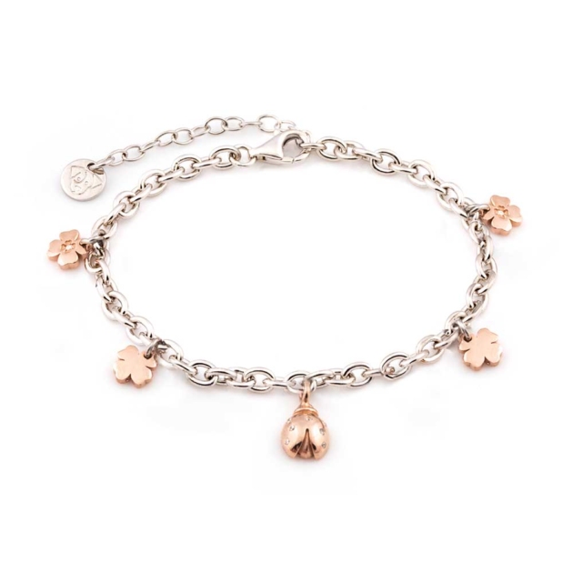 Bracciale charms coccinella e quadrifogli in argento 925 placcato oro rosa