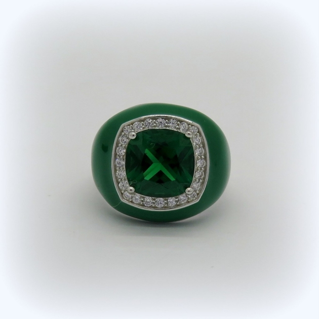 Anello smalto verde argento 925 Rodio