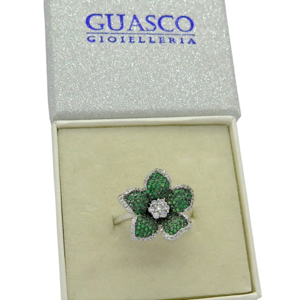 Anello fiore verde in argento 925 e pietre