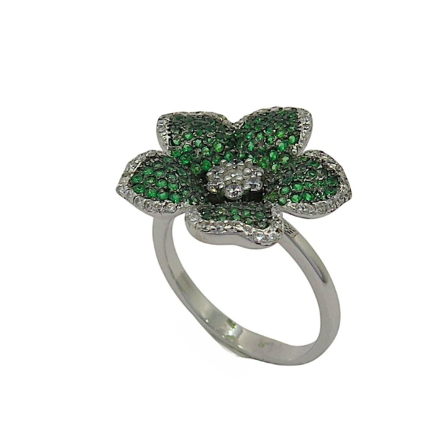 Anello fiore verde in argento 925 e pietre